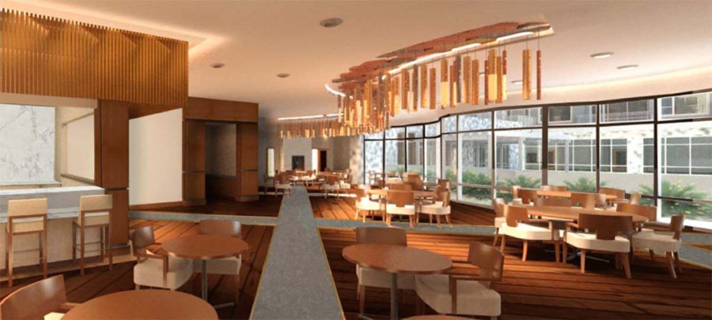 A modern restaurant interior with wooden decor and large windows.