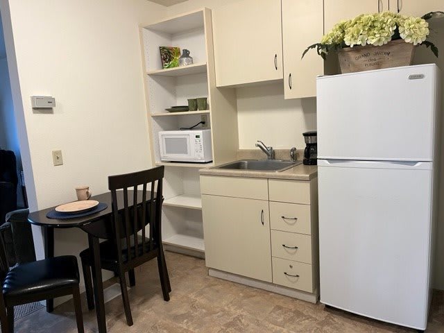 Small apartment kitchen with essential appliances and furniture.