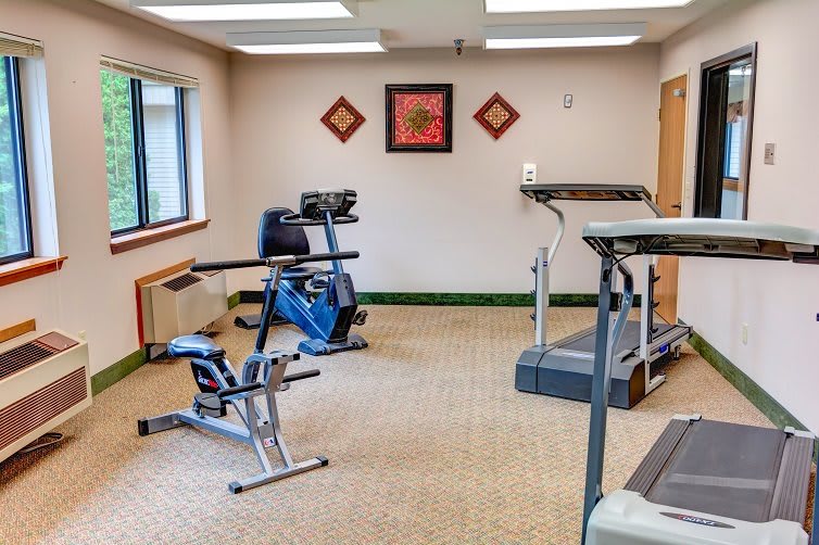 A small fitness center with treadmills and a stationary bike.