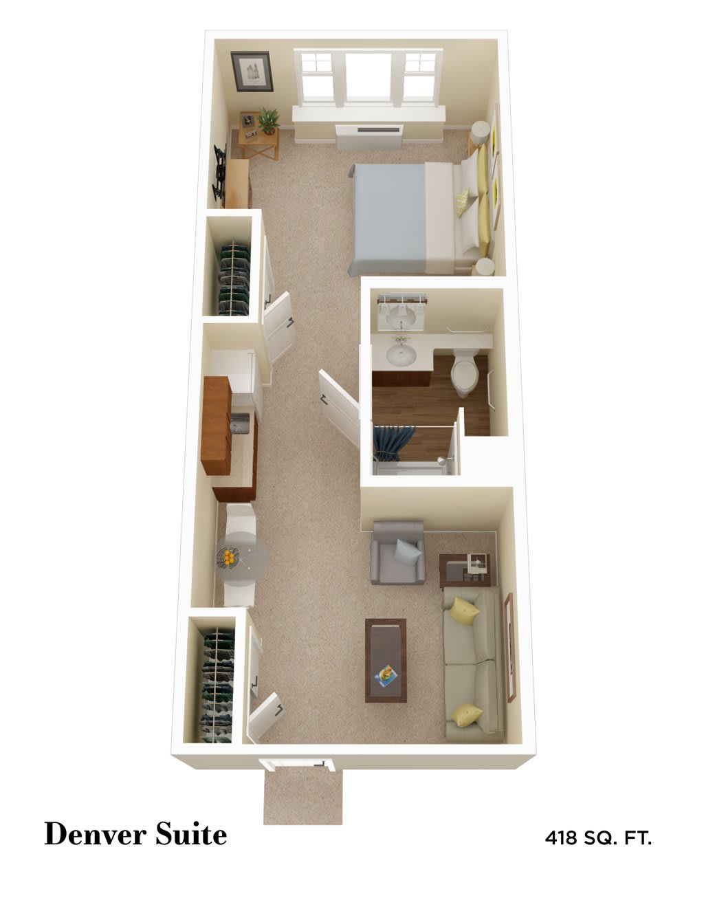 A one-bedroom apartment floor plan with a living room, kitchen, and bathroom.