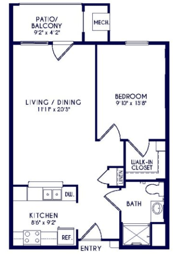 A floor plan of a one-bedroom apartment featuring a living/dining area, kitchen, bathroom, and walk-in closet.