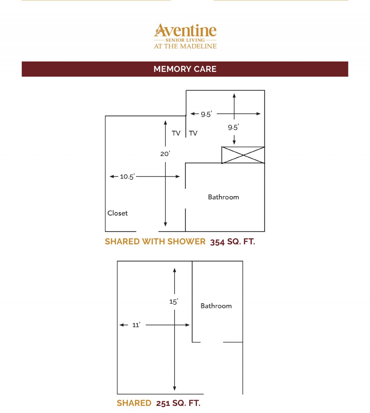 An apartment floor plan showing the layout and dimensions of a shared suite, including a bedroom and bathroom.