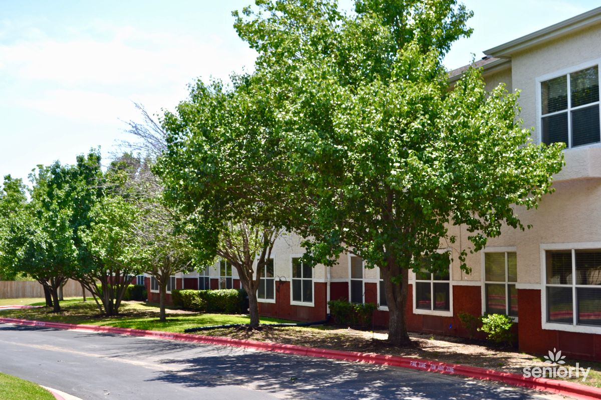 A row of trees lining a sidewalk in a residential area during the day.