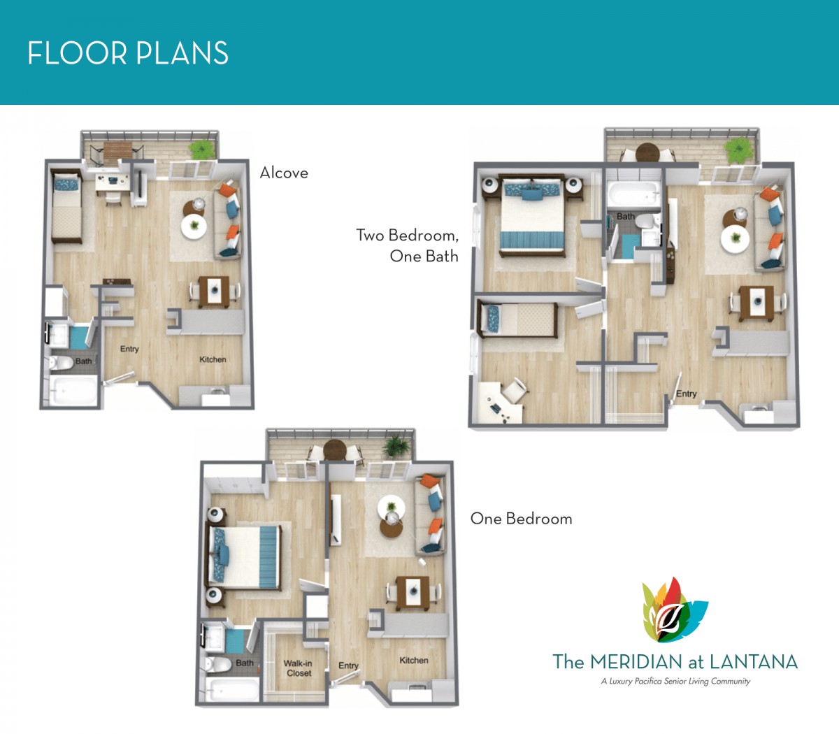 A collection of floor plans showcasing different apartment layouts including one-bedroom and two-bedroom designs.