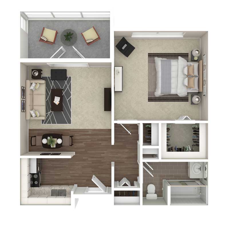 A floor plan of a one-bedroom apartment featuring a living room, kitchen, bathroom, and balcony.