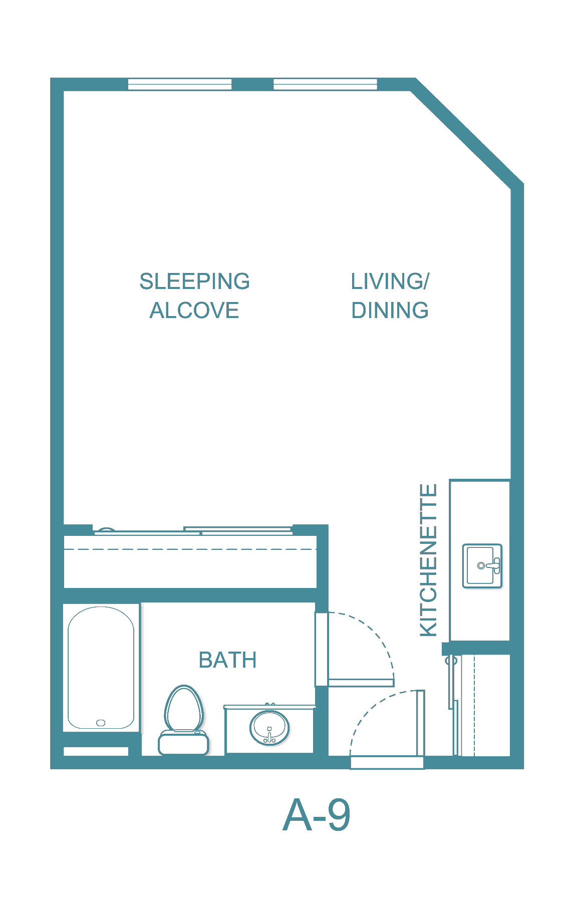 A floor plan of a studio apartment featuring a sleeping alcove, living/dining area, kitchenette, and bathroom.