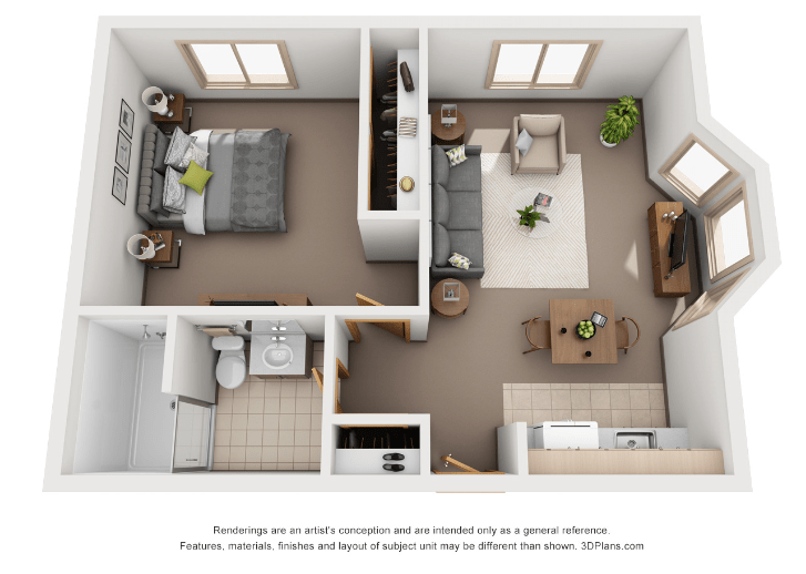 A 3D rendered floor plan of a one-bedroom apartment showing the layout of the bedroom, bathroom, kitchen, and living room.