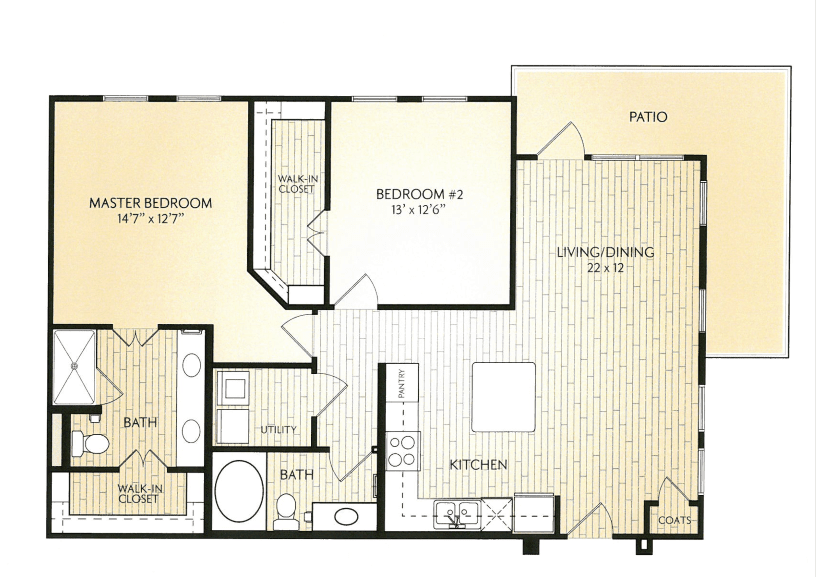 A floor plan of a two-bedroom apartment with a kitchen, living room, bathroom, and balcony.