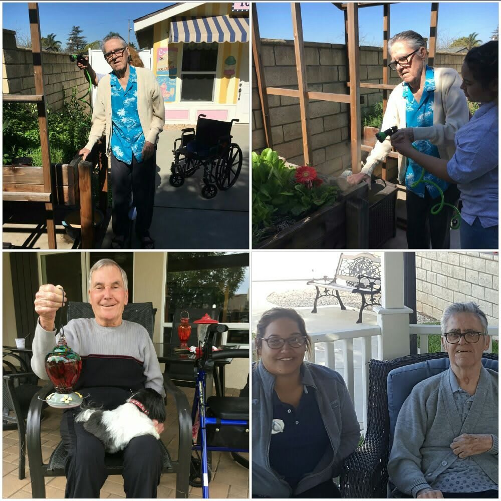 Elderly individuals enjoying time outdoors with family.