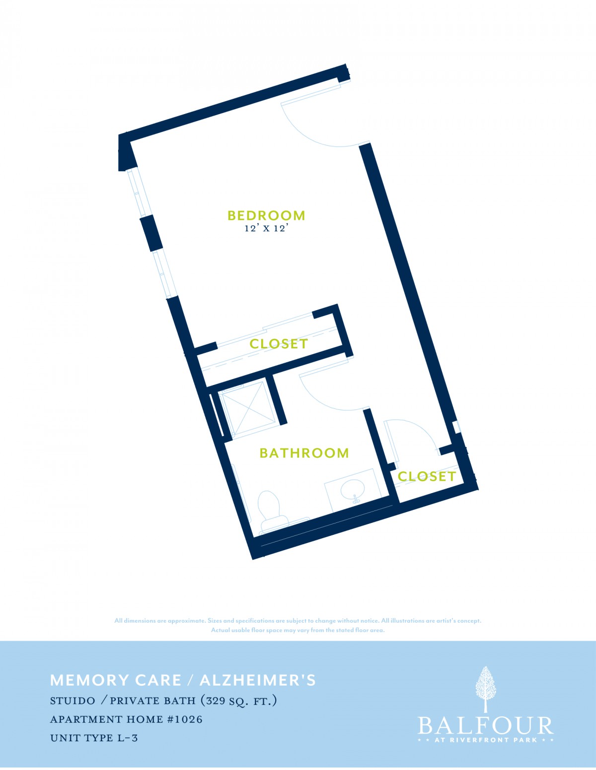 A simple apartment floor plan showing the layout of a living space, closet, and corridor.
