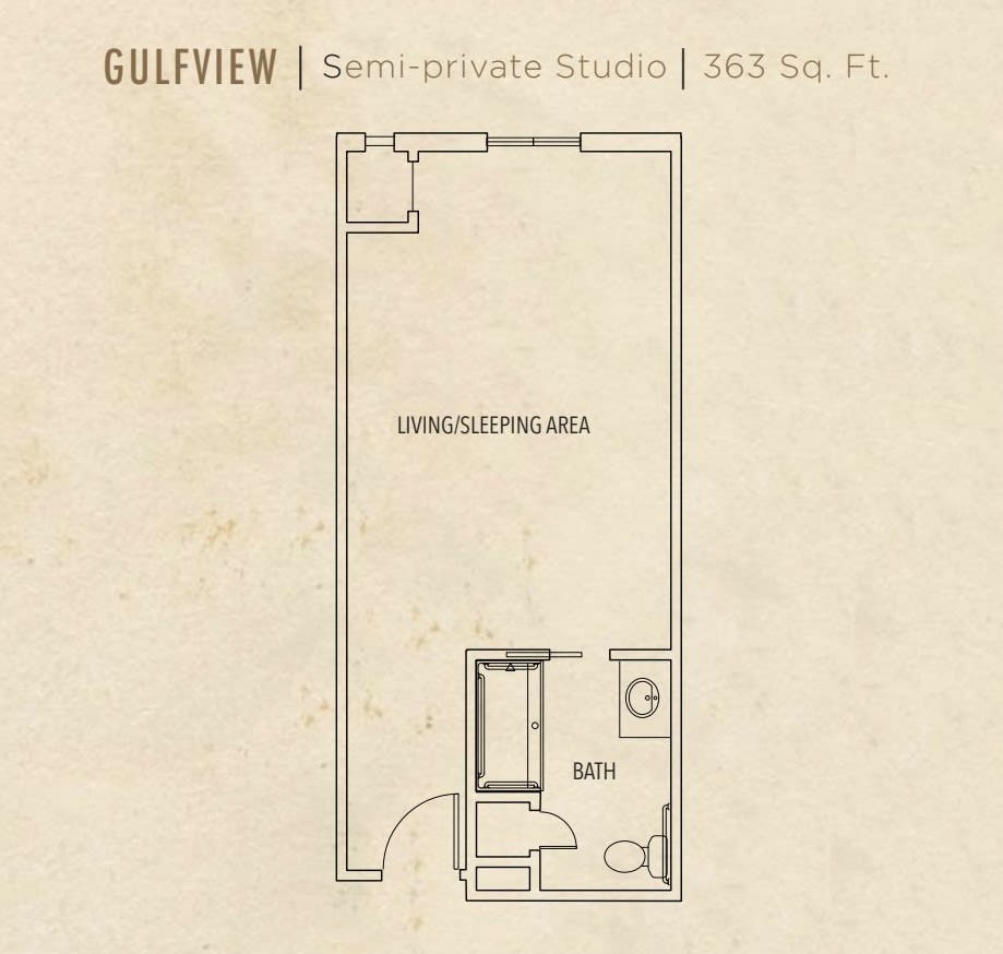 Floor plan of the Gulfview studio apartment, measuring 363 sq. ft.