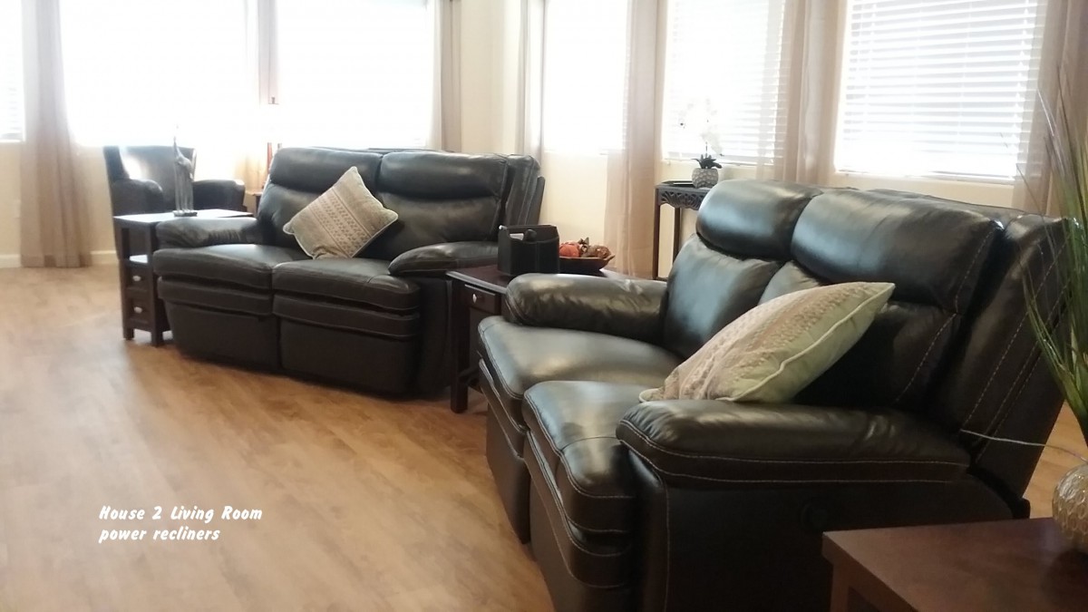A cozy living room setup with leather sofas and decorative pillows.