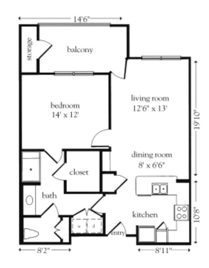 This is a floor plan of an apartment featuring one bedroom, a living room, dining area, kitchen, bathroom, and balcony.
