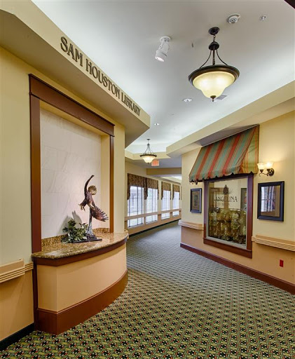 A well-lit hallway in a hospital featuring decorative elements and artwork.
