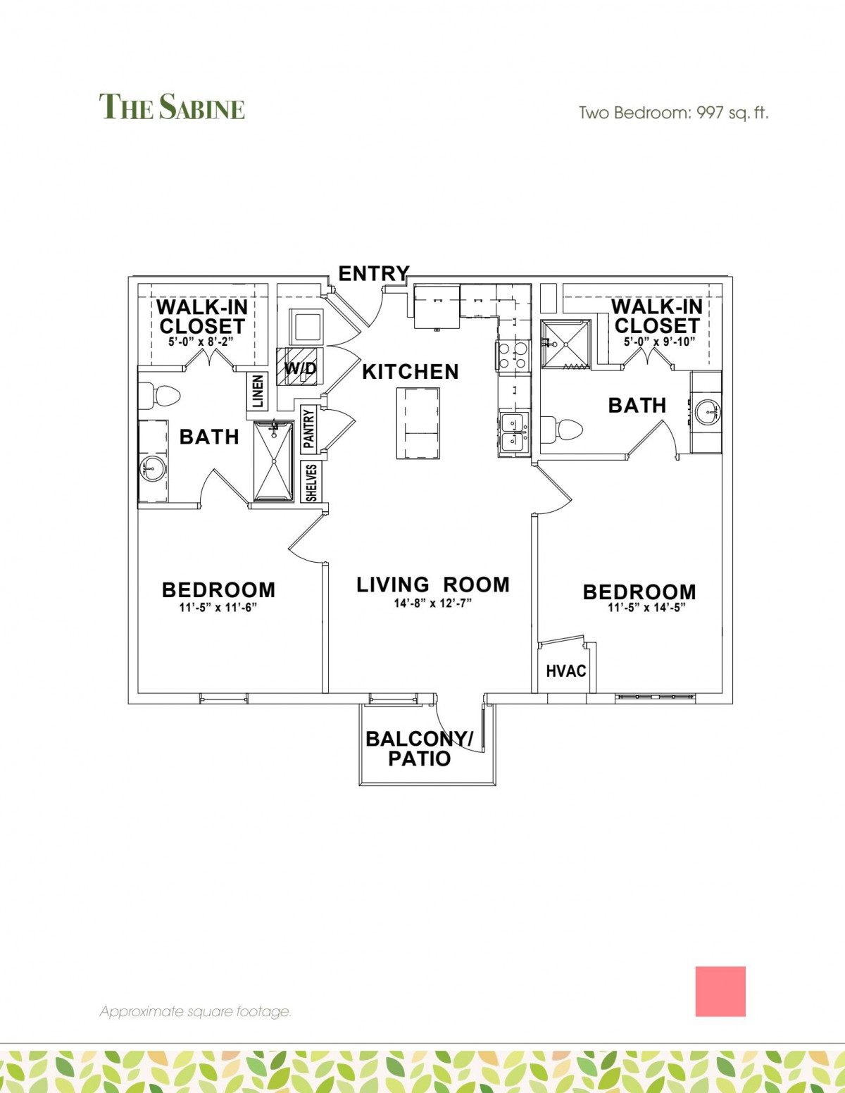 A floor plan of a two-bedroom apartment with a kitchen, living room, two bathrooms, and a balcony.