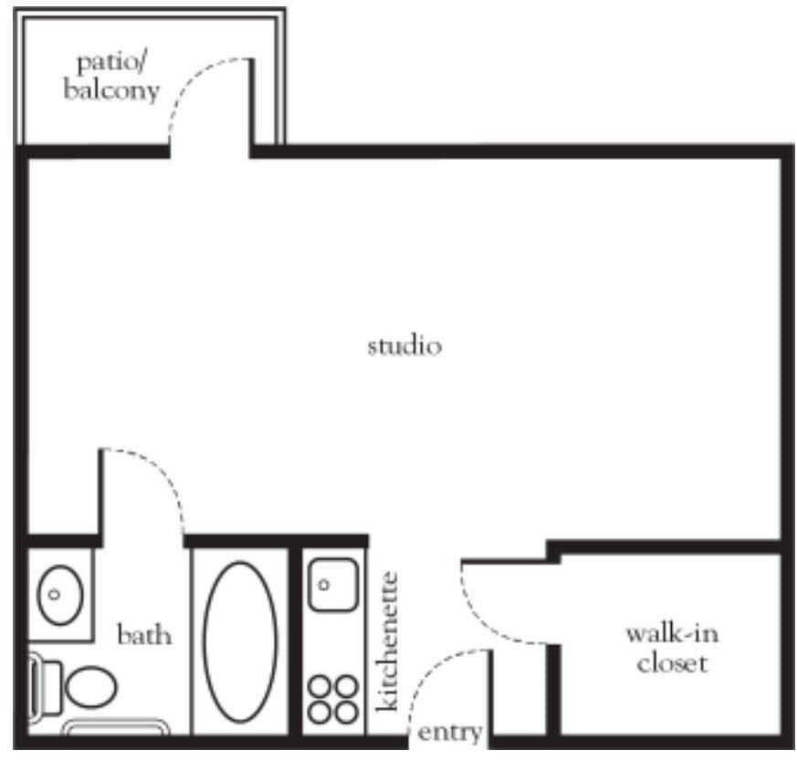 A floor plan of a studio apartment with a bathroom, kitchen, walk-in closet, and patio/balcony.