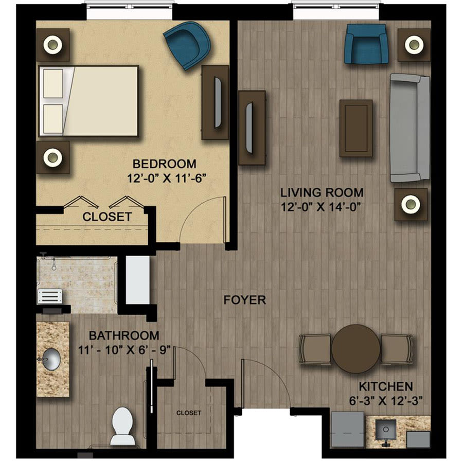 One-bedroom apartment floor plan with living room, kitchen, bathroom, and closet.