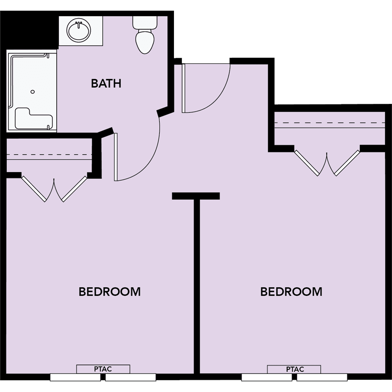 A floor plan of an apartment featuring two bedrooms and a bathroom.
