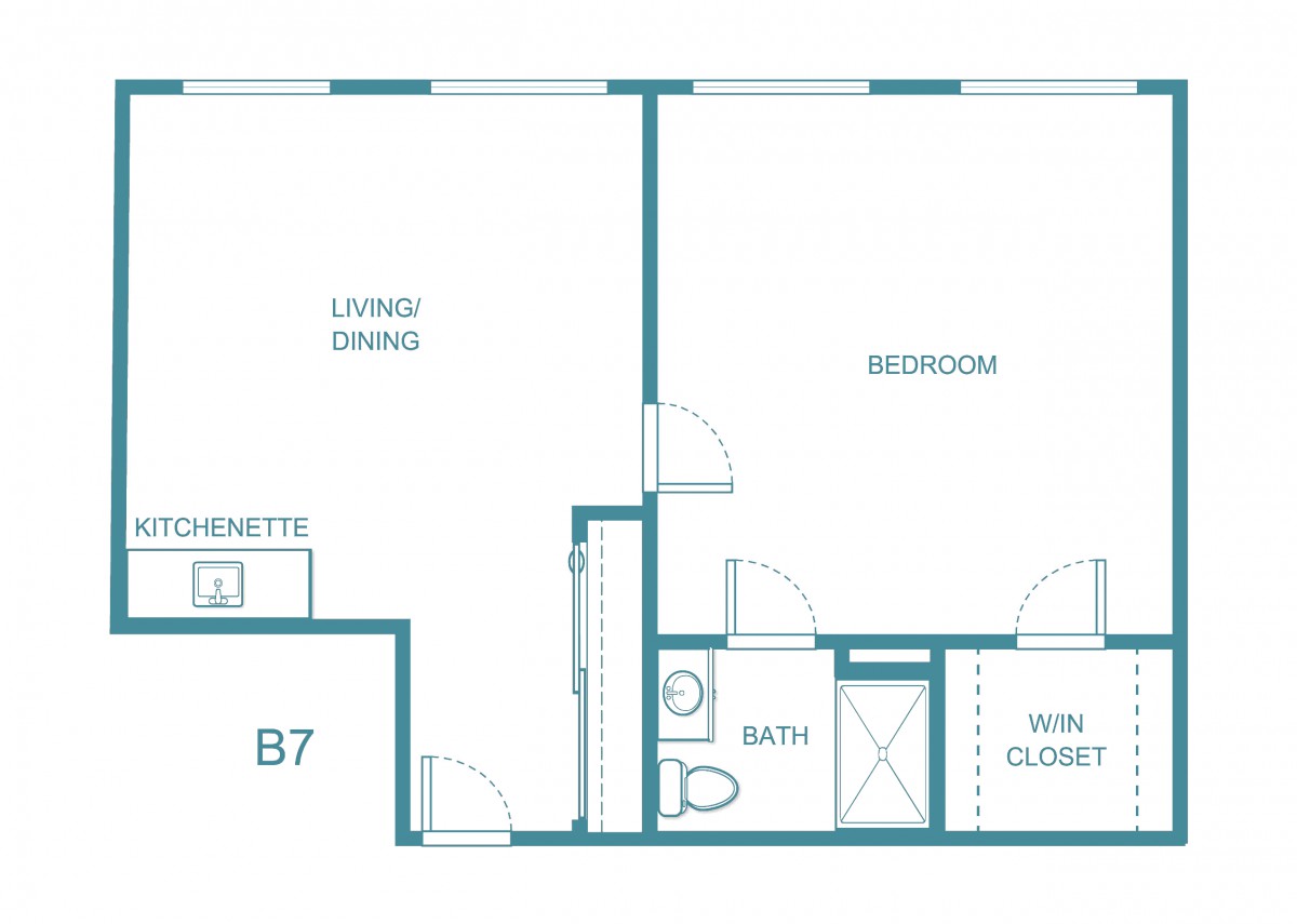 A simple floor plan of a one-bedroom apartment with living/dining area, bathroom, and walk-in closet.
