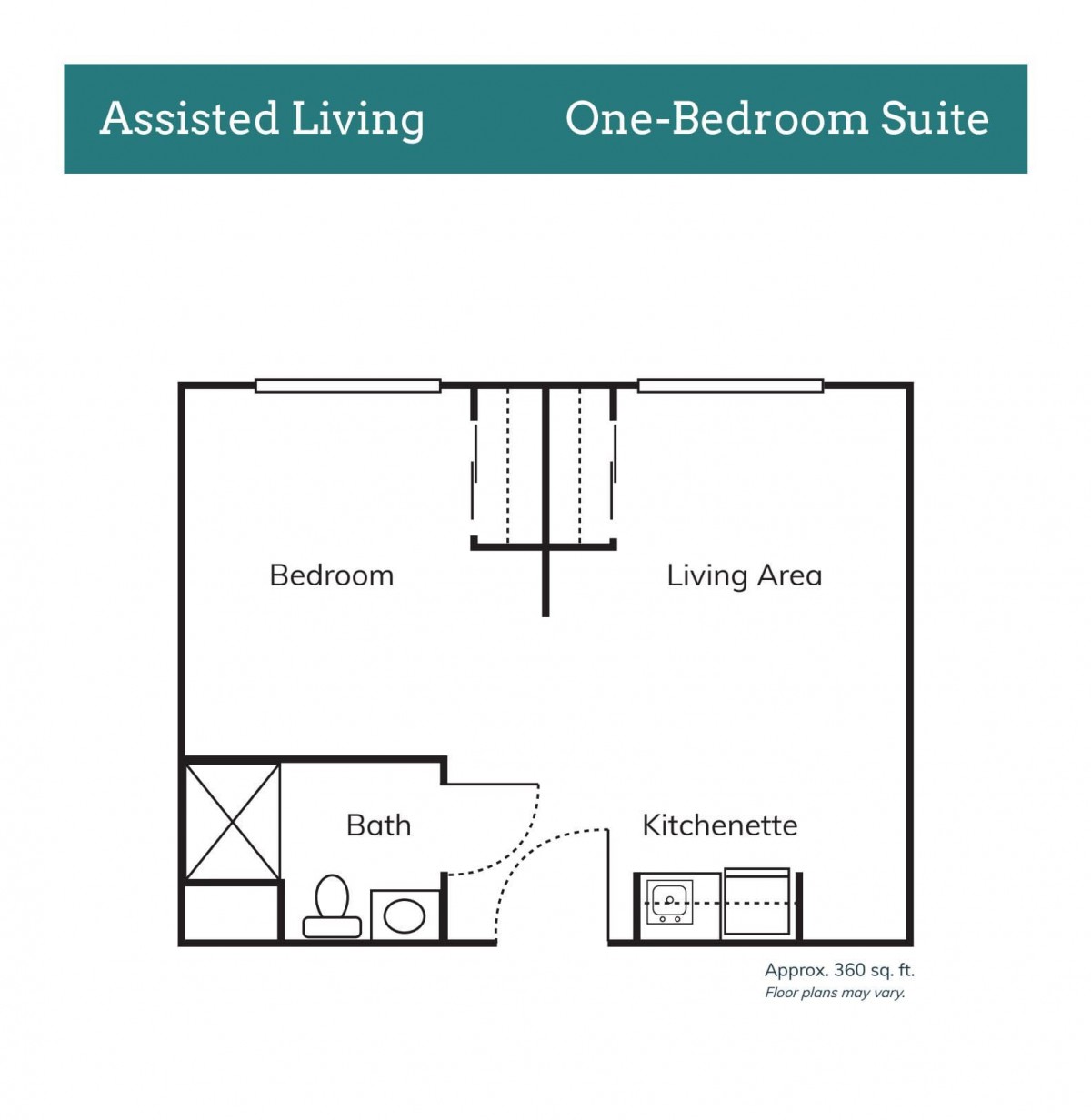 Floor plan of a one-bedroom assisted living suite.
