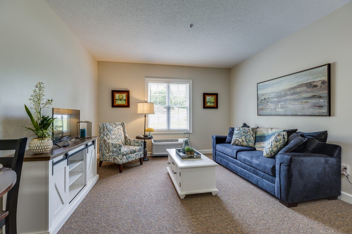 A cozy living room with a blue sofa, coffee table, and a window allowing natural light.