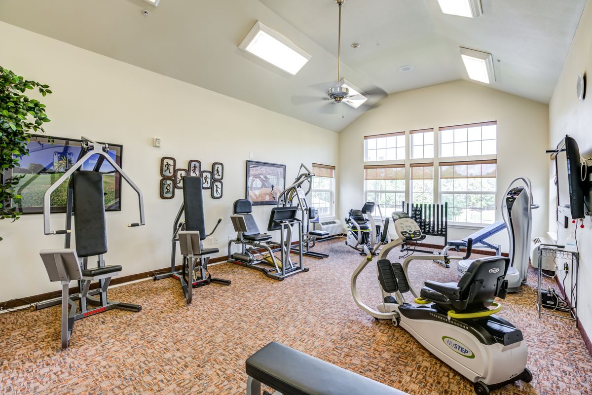 A well-equipped gym with various exercise machines and bright natural lighting.