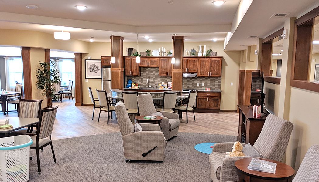 A spacious living area with a cozy seating arrangement and an open kitchen layout.