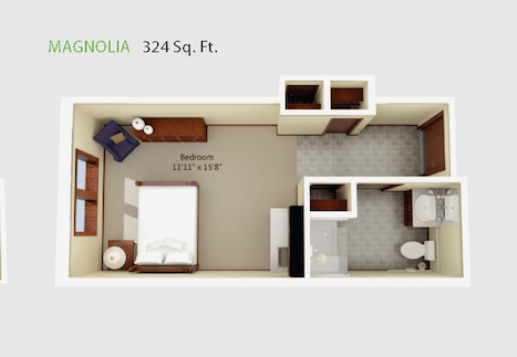 A 324 sq. ft. studio apartment floor plan showcasing the bedroom, bathroom, and living area.