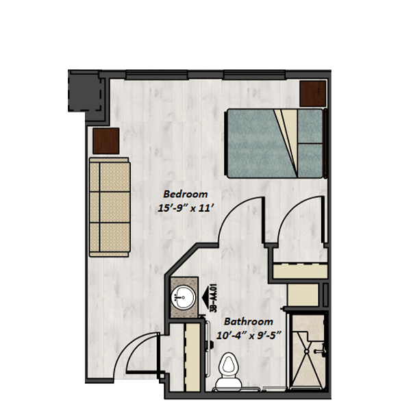 A floor plan of a studio apartment featuring a combined bedroom and living area with an adjoining bathroom.