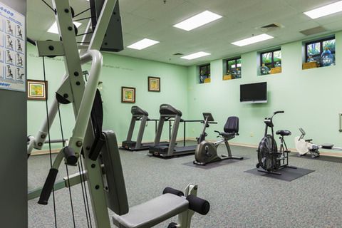 A clean and well-lit gym featuring treadmills, stationary bikes, and other exercise equipment.