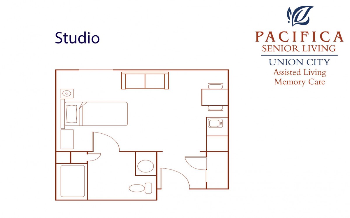 Floor plan of a studio apartment designed for senior living.