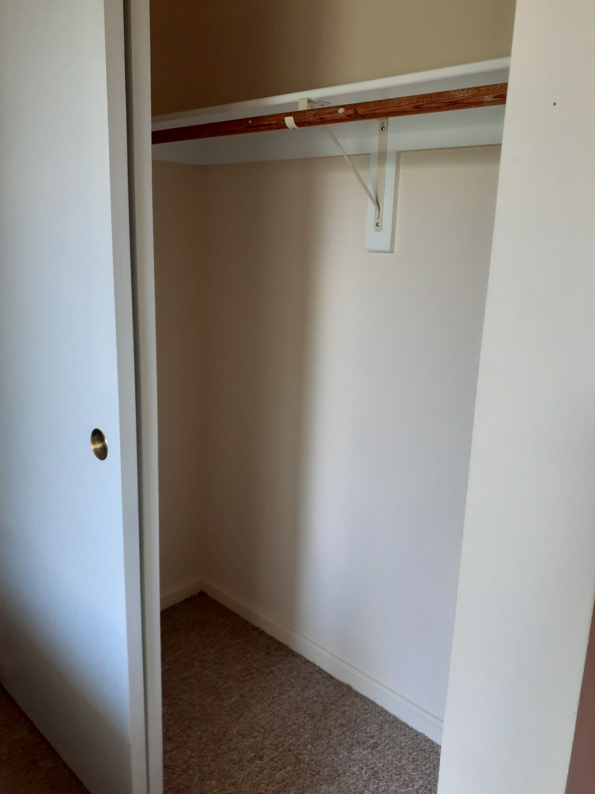 An empty closet with a sliding door and hanging rod.