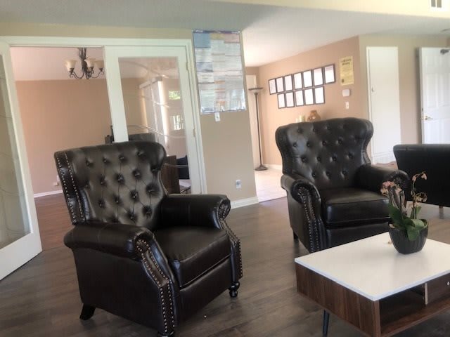 A cozy living room featuring two dark leather armchairs.