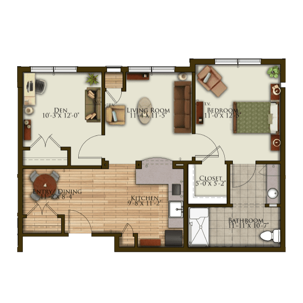 A floor plan of a 1-bedroom apartment with designated living areas including a living room, kitchen, and bathroom.