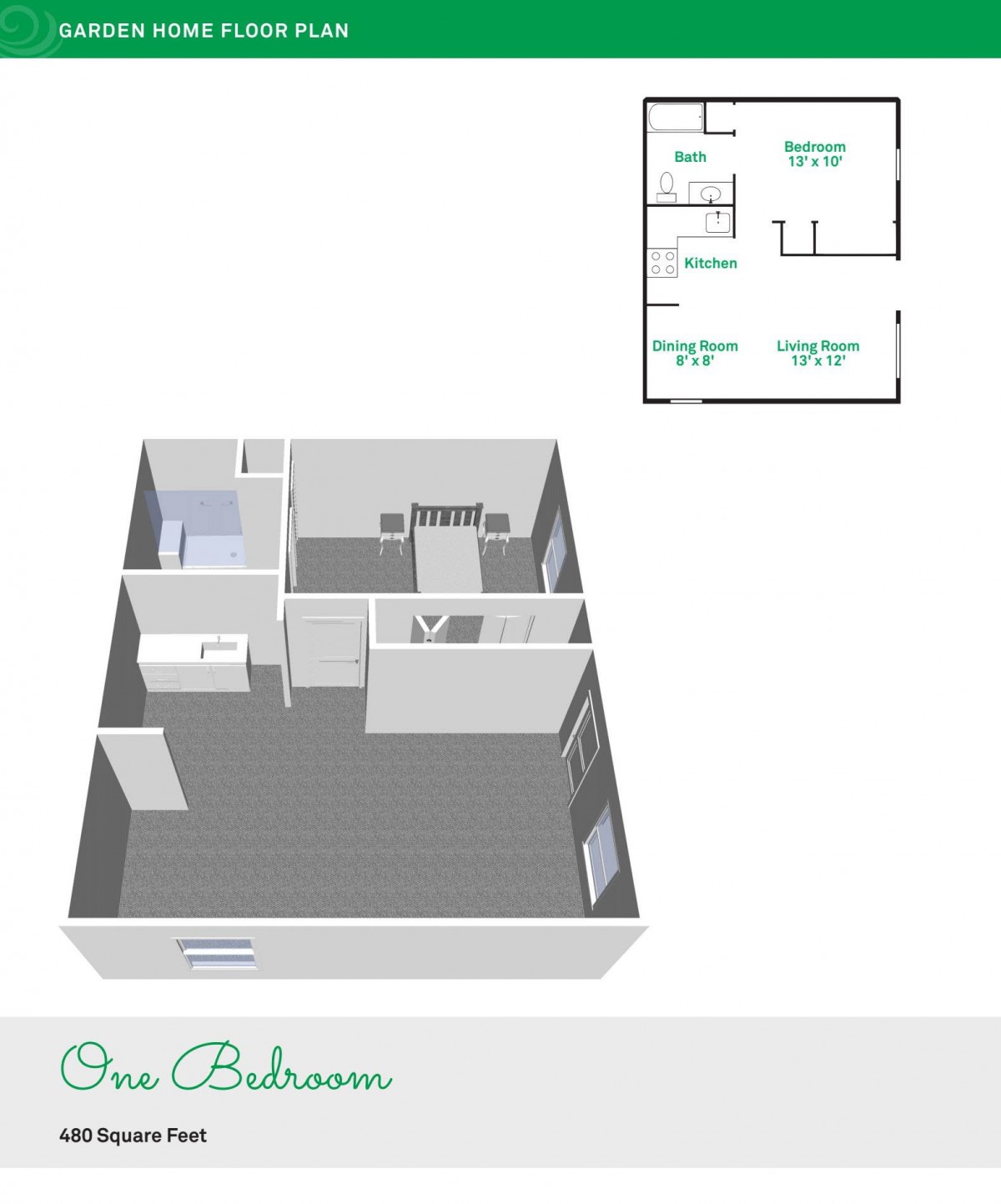 3D floor plan of a one-bedroom apartment.