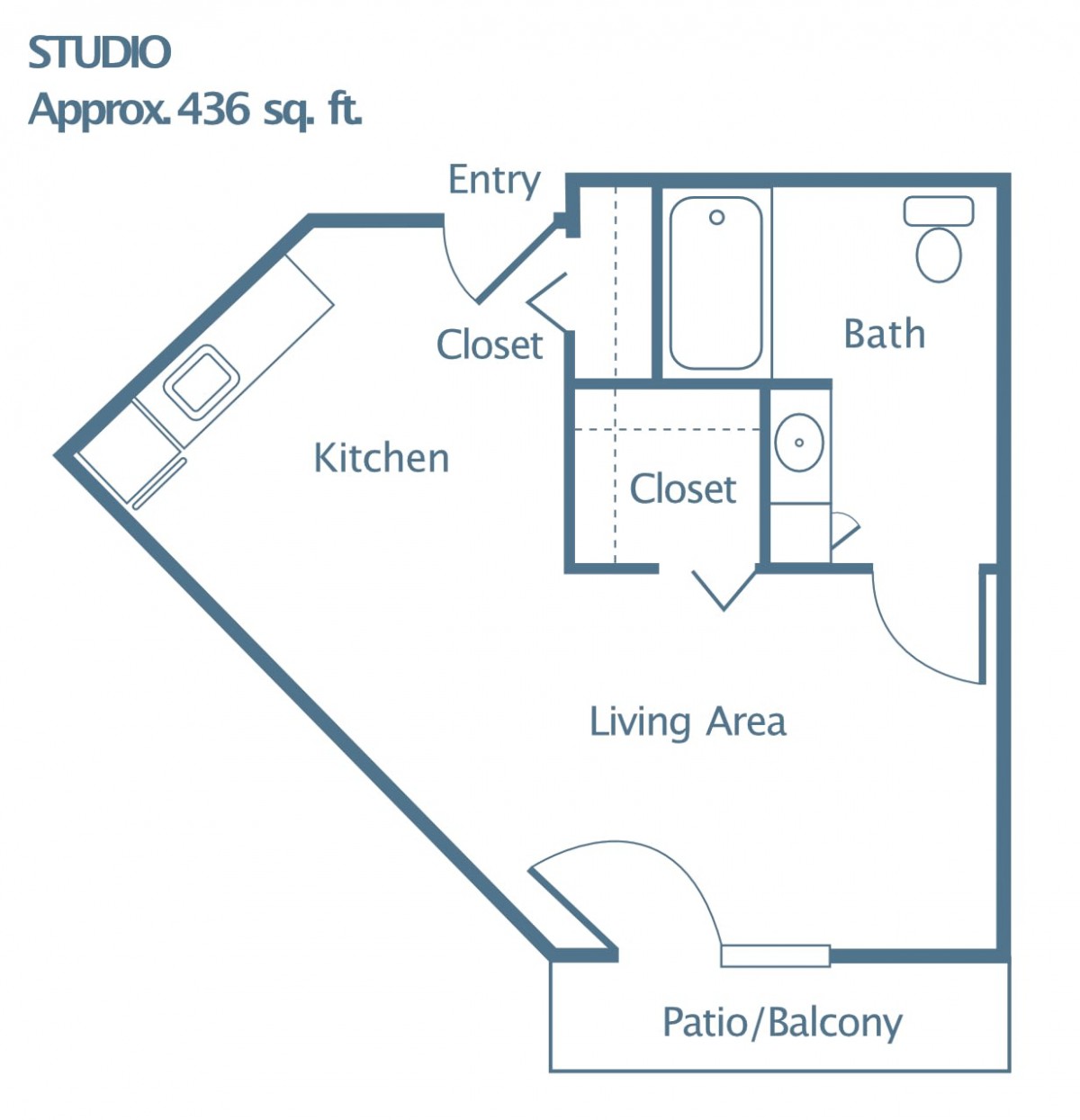 Floor plan of a studio apartment approximately 436 square feet, featuring a kitchen, living area, bathroom, two closets, and a patio/balcony.
