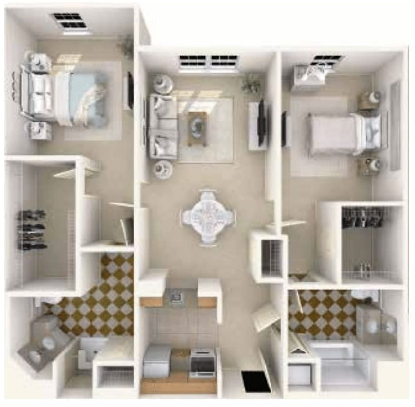A 3D rendered floor plan of a residential apartment.