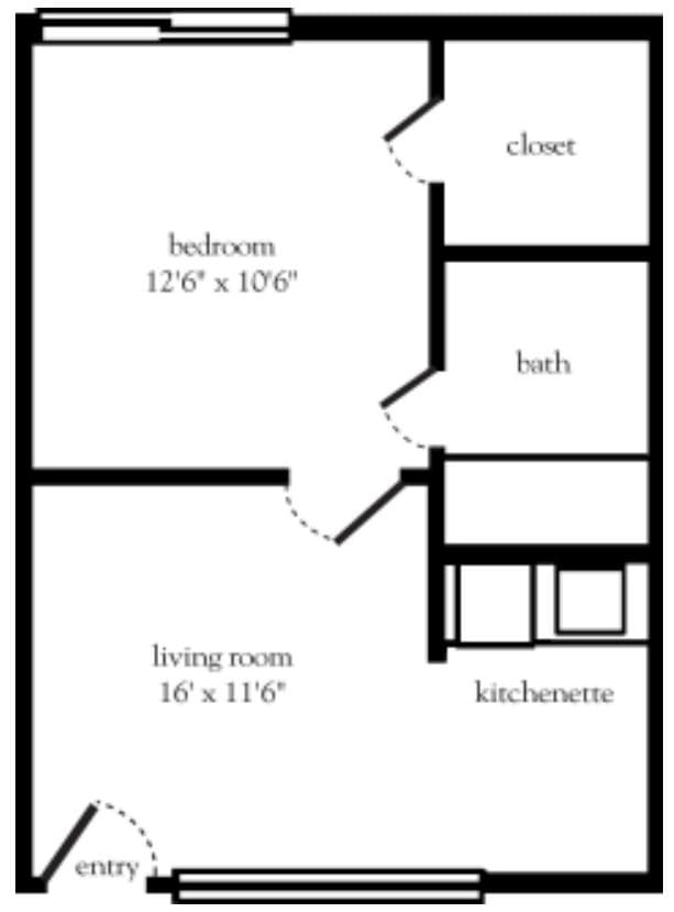 A simple floor plan of an apartment showing the living room, bedroom, closet, bath, and kitchenette.