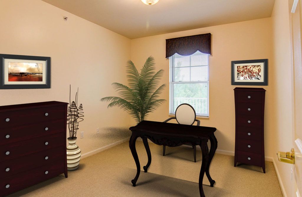A classic office interior with a wooden desk, elegant chair, and decorative elements.