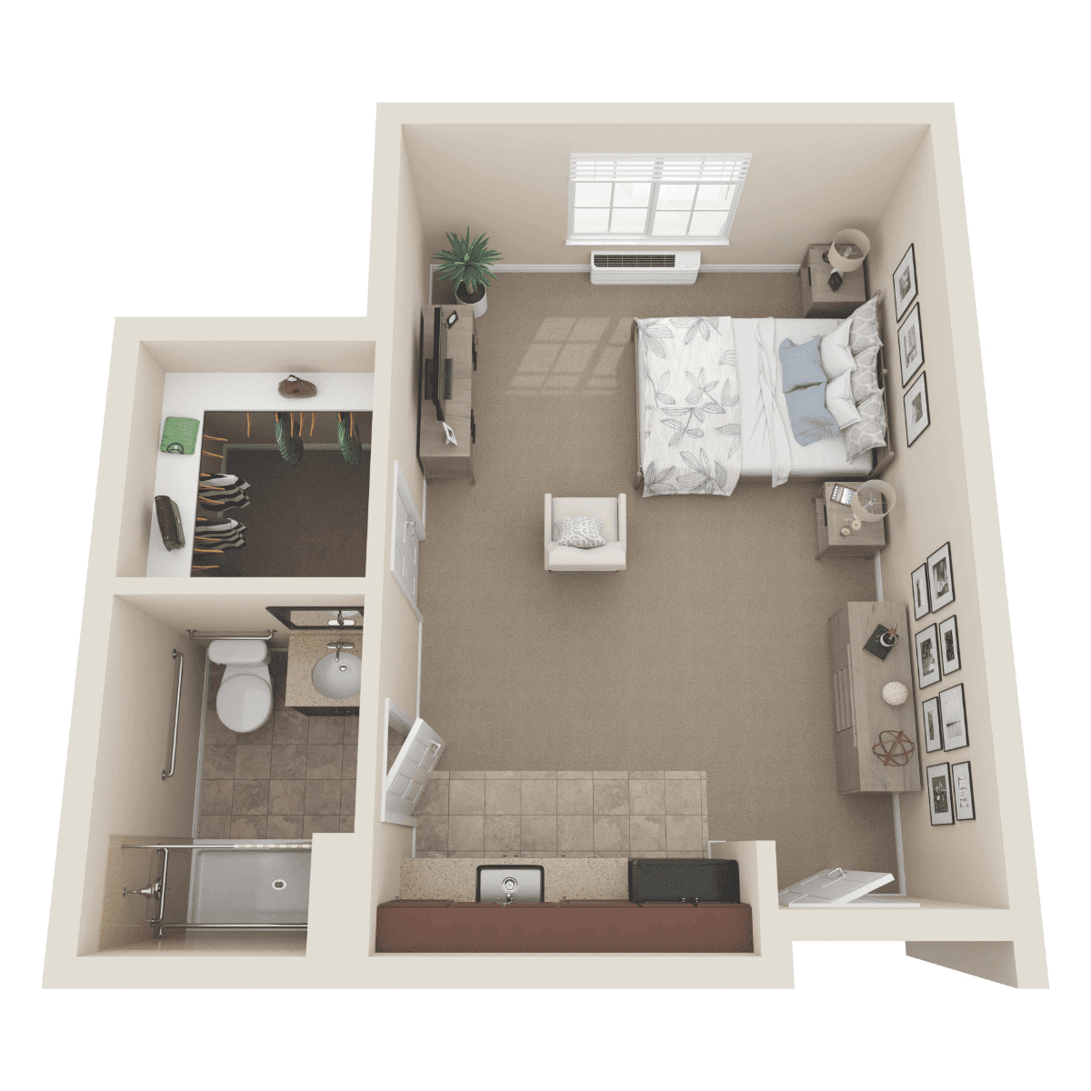 An overhead view of a studio apartment floor plan featuring a bedroom, bathroom, and kitchen area.