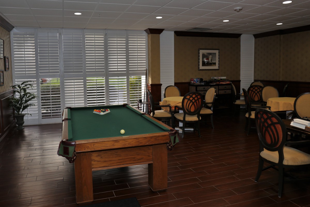 A cozy lounge area featuring a billiards table and comfortable seating.