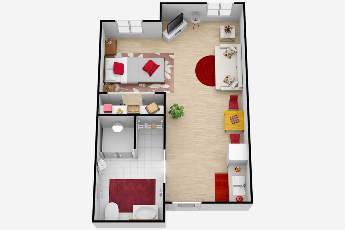 A 3D floor plan of a one-bedroom apartment featuring a bedroom, bathroom, kitchen, and living room.