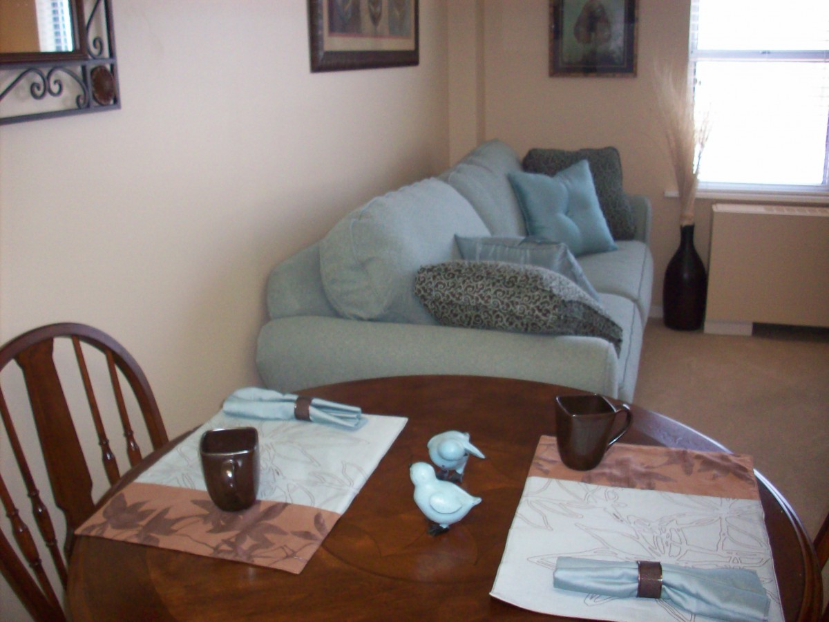 A cozy living room with a dining table set and a comfortable sofa adorned with cushions.