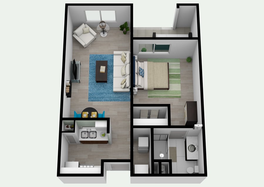 A 3D floor plan of a one-bedroom apartment featuring an open living area, kitchen, and bathroom.