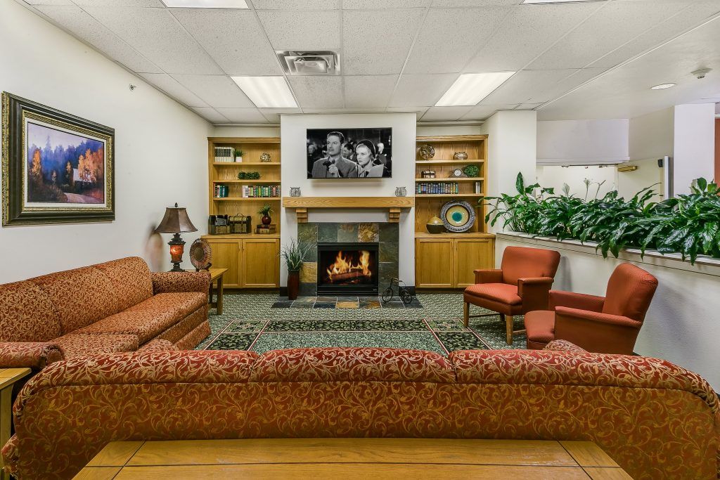 A cozy living room featuring a fireplace, surrounded by comfortable seating and decorated with bookshelves and plants.