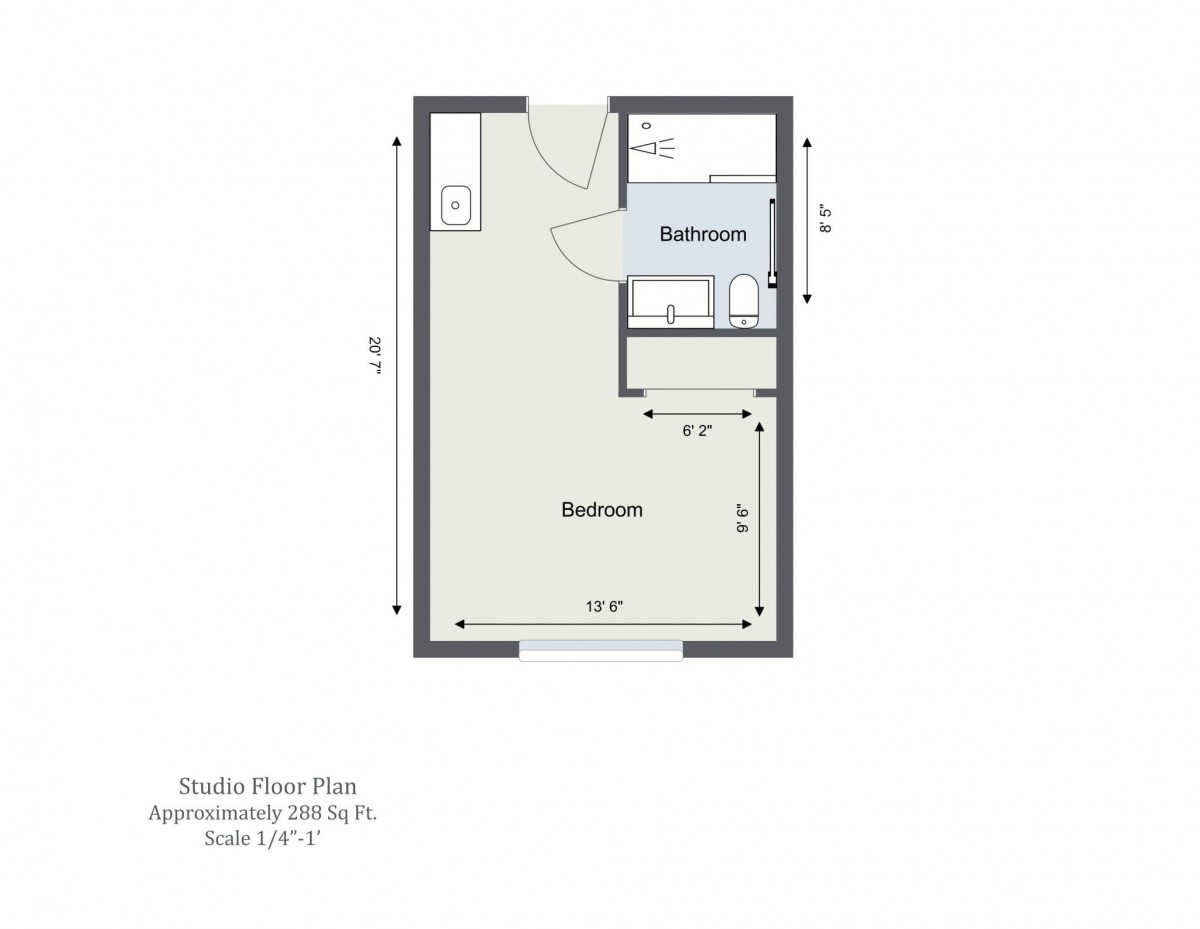Studio apartment floor plan with dimensions and layout.
