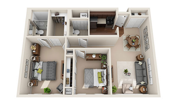 3D floor plan of a two-bedroom apartment with a living room, kitchen, and bathroom.