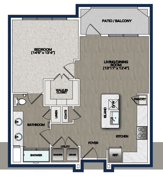A floor plan of a one-bedroom apartment featuring a living room, kitchen, bathroom, and patio balcony.