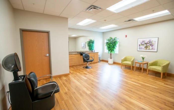 A spacious office waiting area with wooden flooring, several chairs, and a large potted plant.
