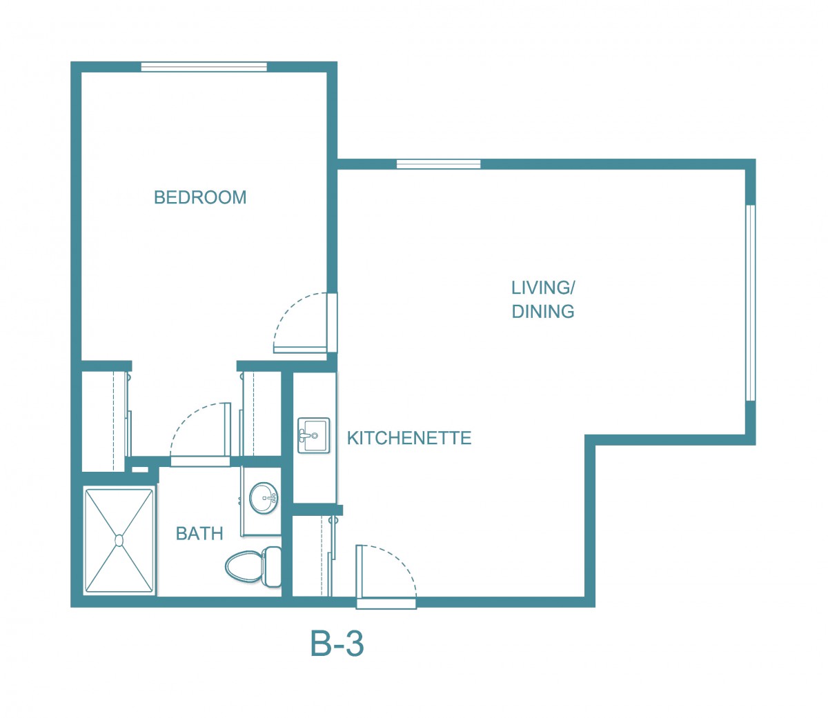 A floor plan of a one-bedroom apartment with a living/dining area, kitchenette, and bathroom.